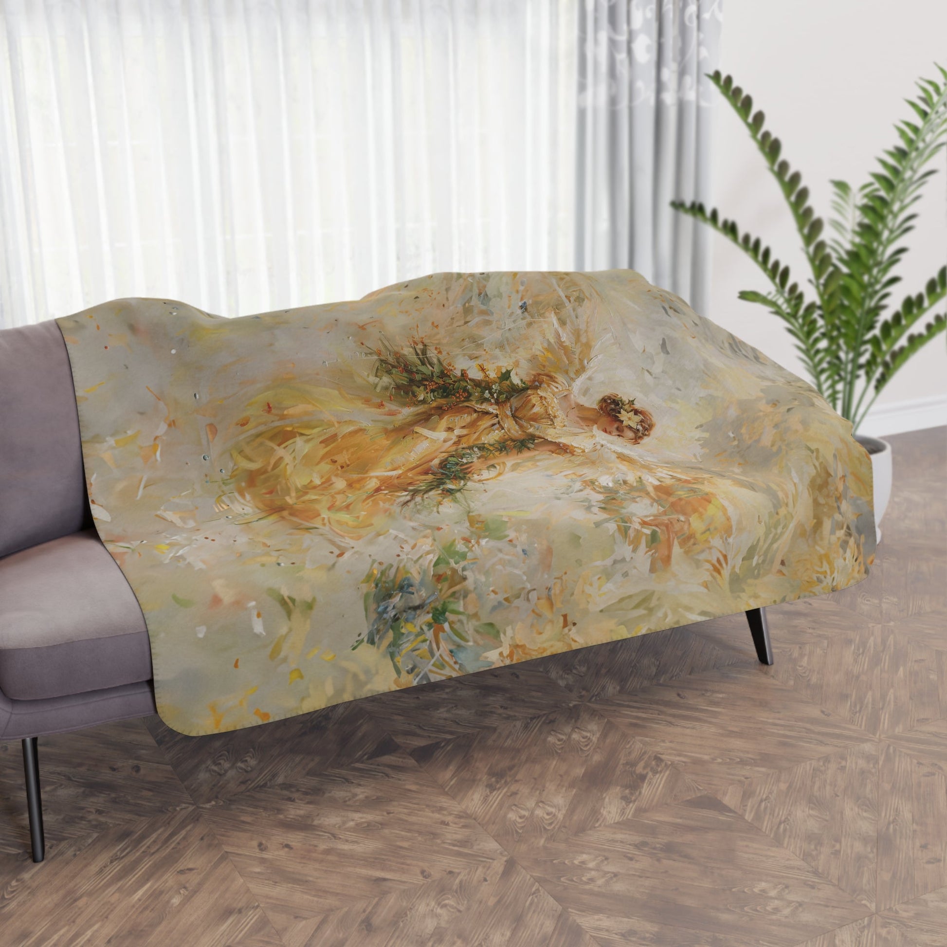Golden Angel Blanket, Unique Religious Art Design, Gold Cream Throw, Personalized Mom or Care Gift Grandma, Memory Blanket, Nursing home - FlooredByArt