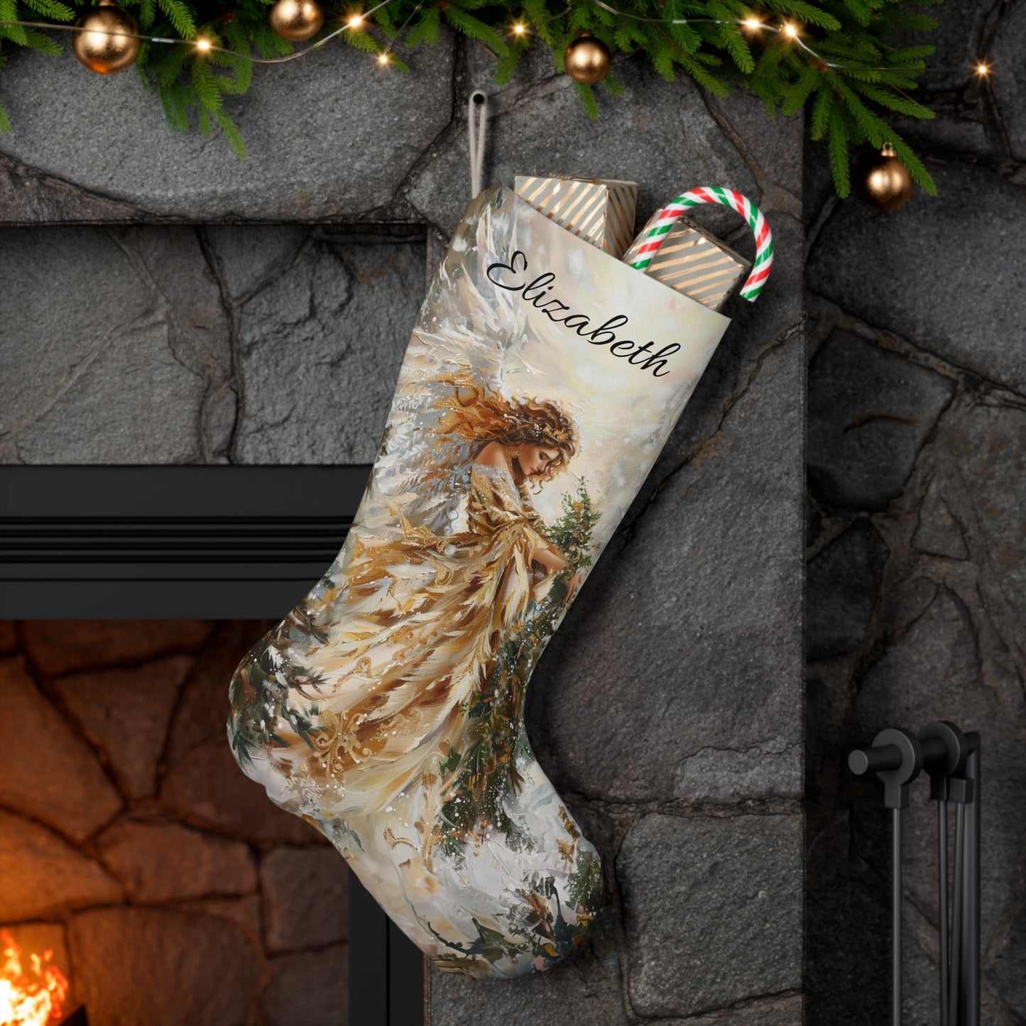 Golden Angel Christmas Stocking: Extra Large Christmas Angel Stocking, Family Christmas Decor, Original Artwork Design, - FlooredByArt