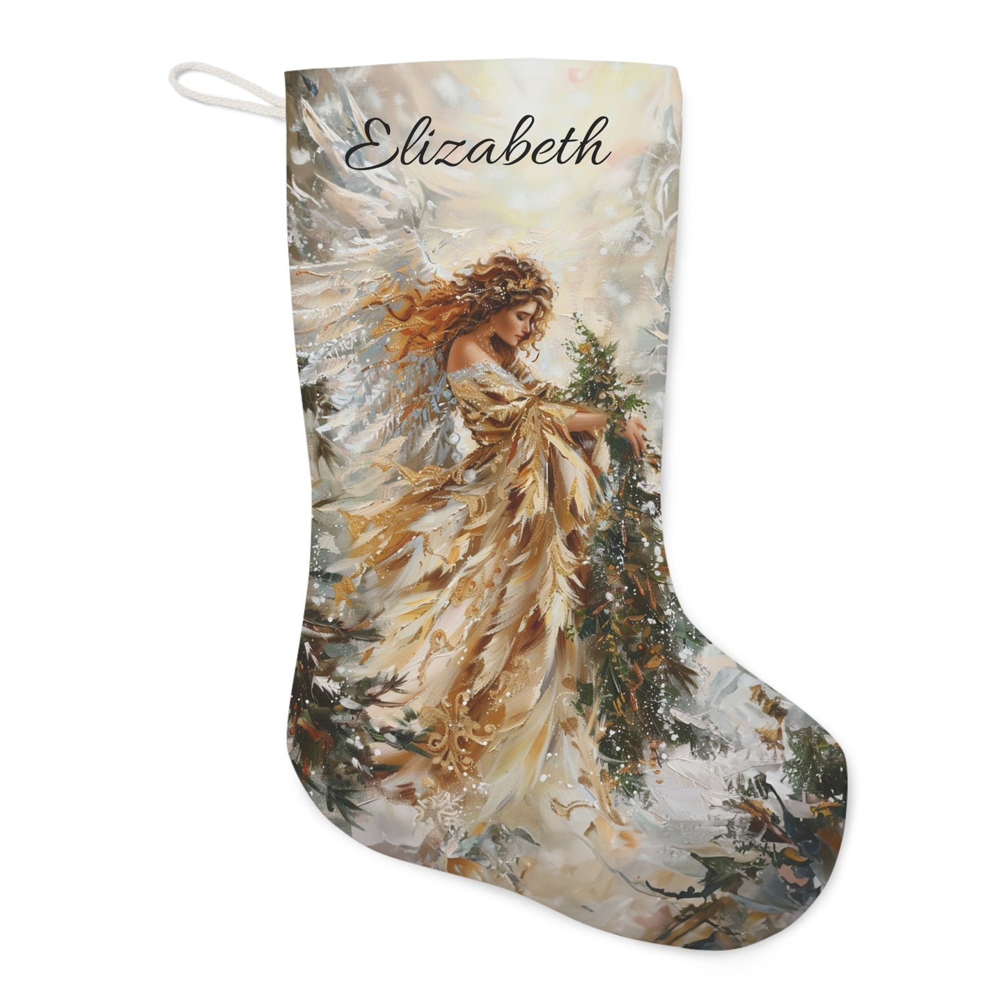 Golden Angel Christmas Stocking: Extra Large Christmas Angel Stocking, Family Christmas Decor, Original Artwork Design, - FlooredByArt