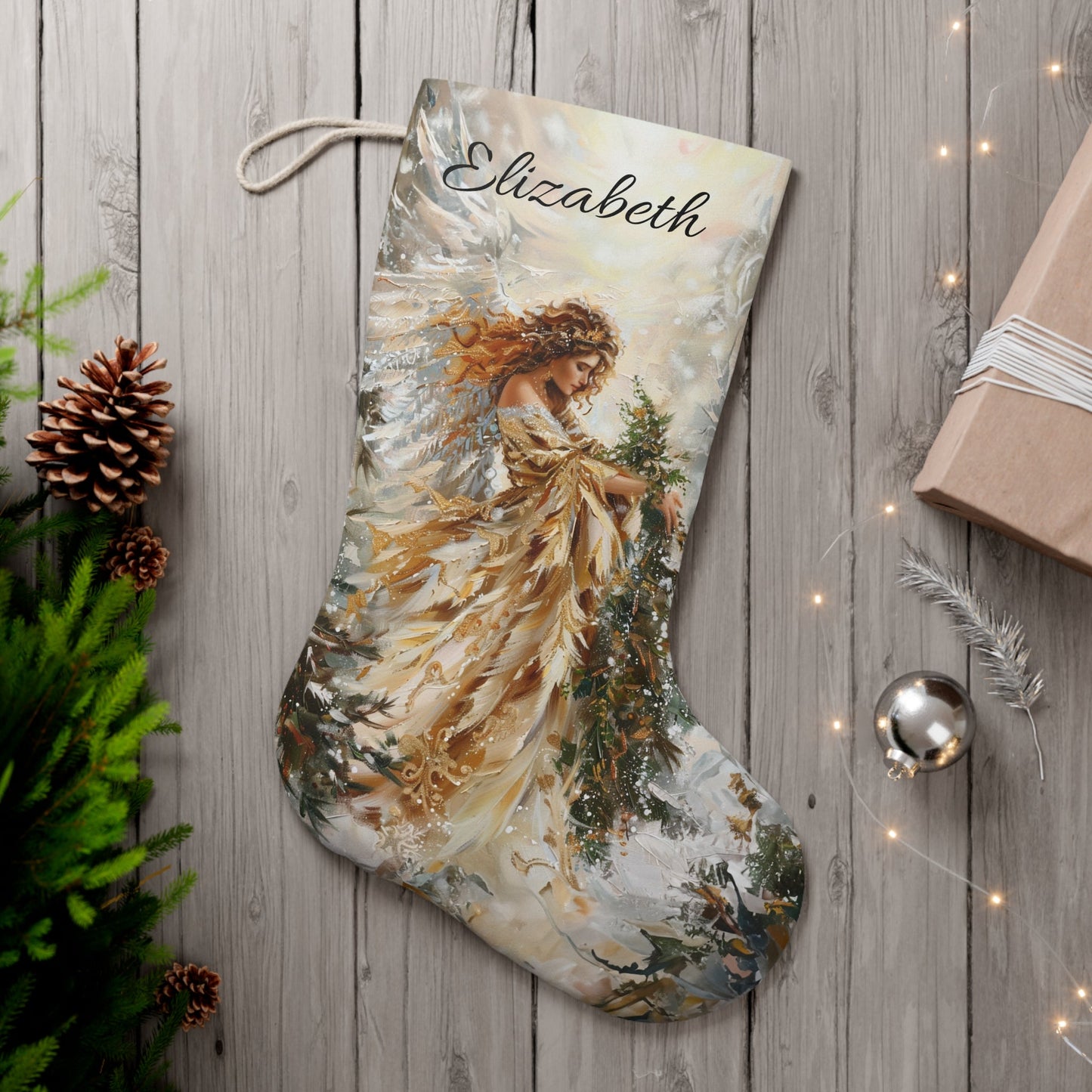 Golden Angel Christmas Stocking: Extra Large Christmas Angel Stocking, Family Christmas Decor, Original Artwork Design, - FlooredByArt