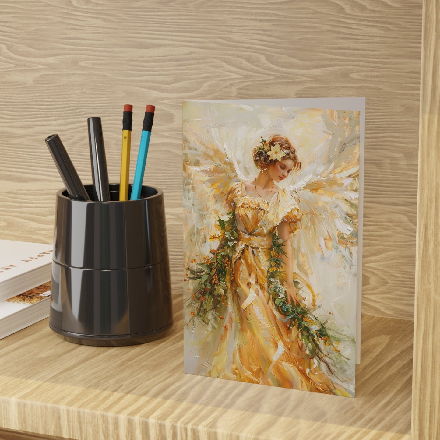 Golden Angel in Oils, Blank Christmas Greeting Cards - FlooredByArt