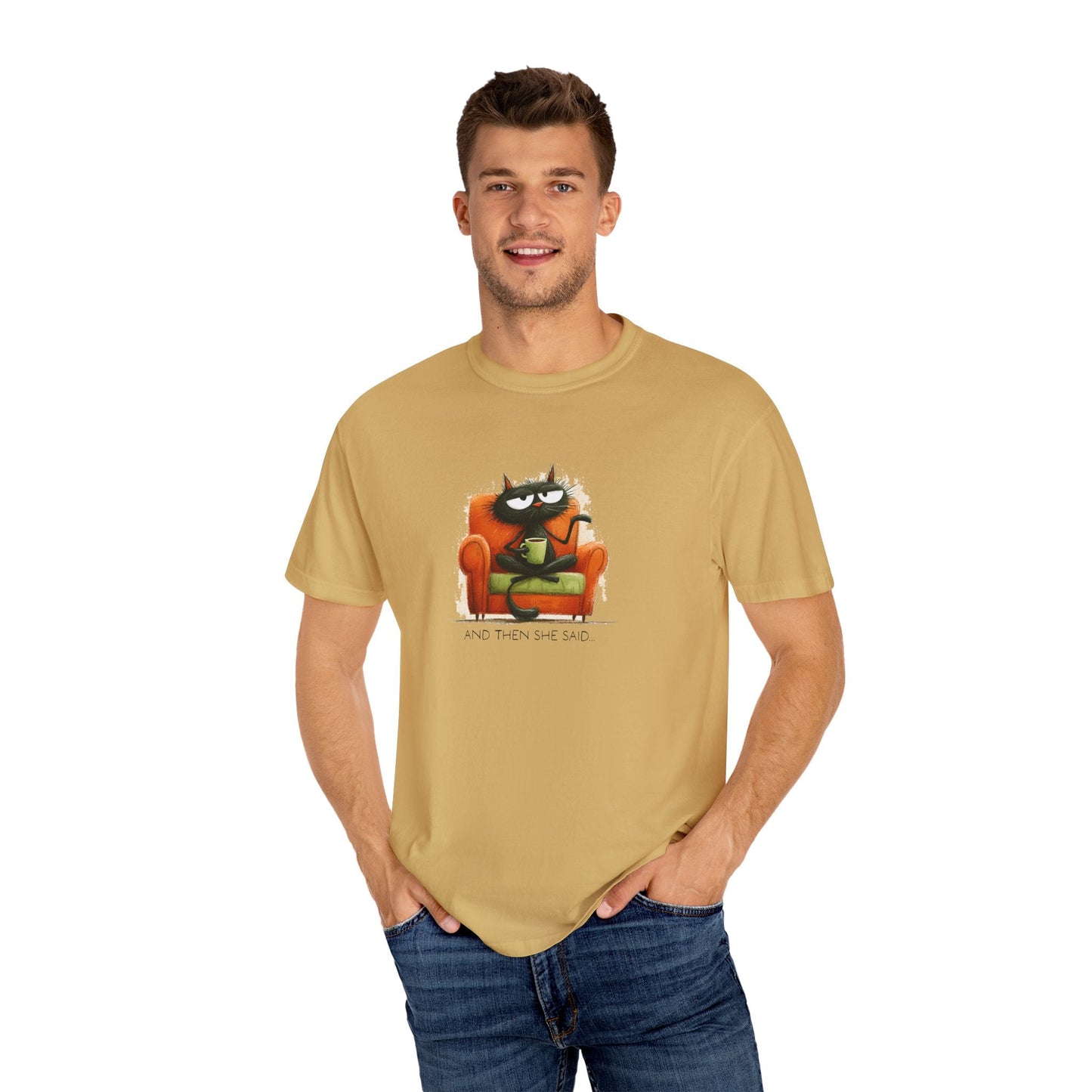 Gossip Cat Comfort Colors Tee β Funny Black Cat & Coffee Shirt - FlooredByArt