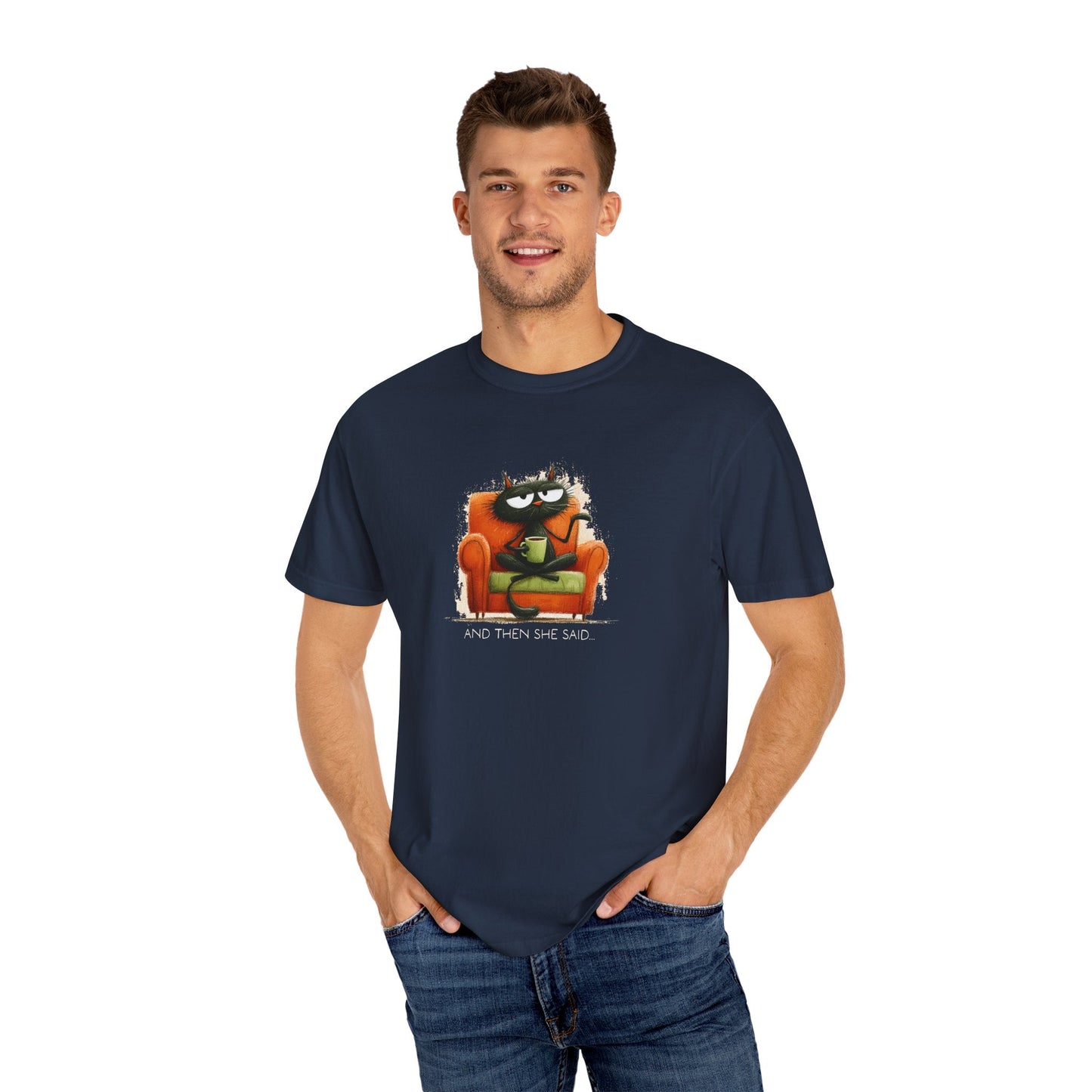 Gossip Cat Comfort Colors Tee β Funny Black Cat & Coffee Shirt - FlooredByArt