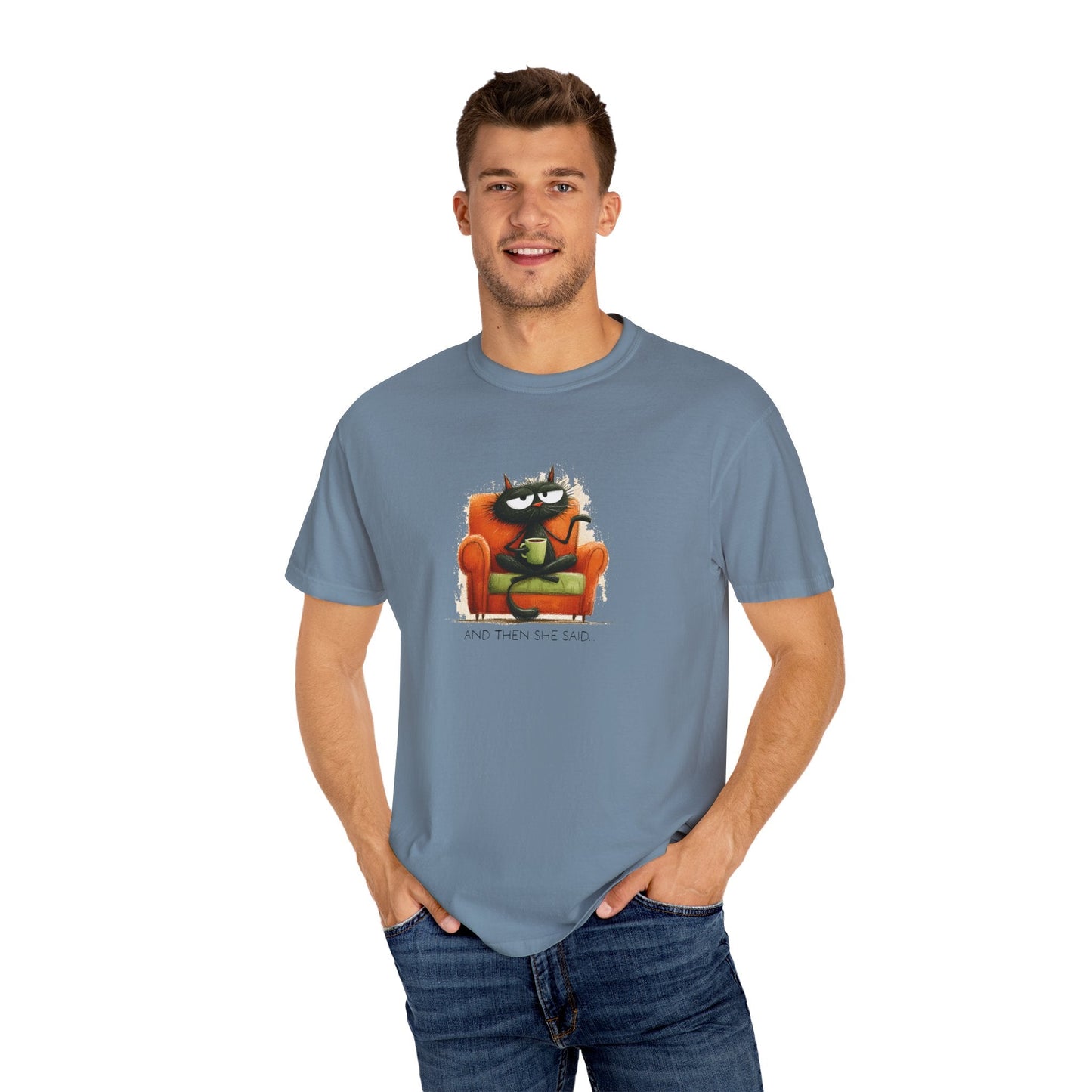 Gossip Cat Comfort Colors Tee β Funny Black Cat & Coffee Shirt - FlooredByArt