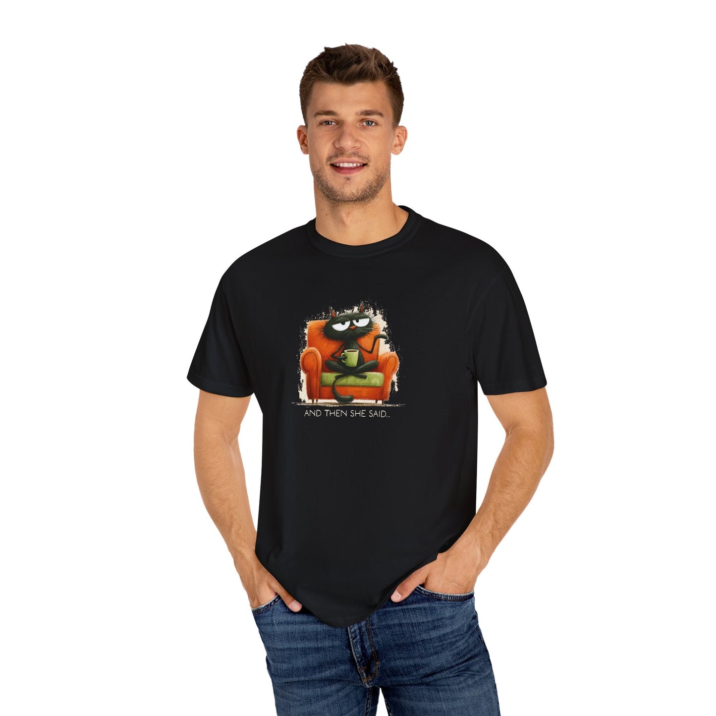 Gossip Cat Comfort Colors Tee β Funny Black Cat & Coffee Shirt - FlooredByArt