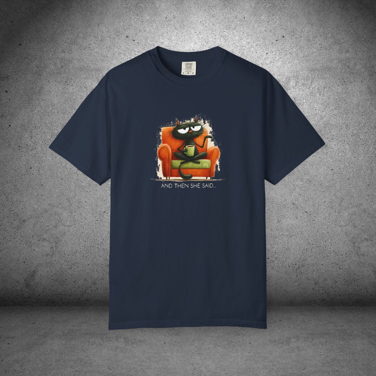 Gossip Cat Comfort Colors Tee β Funny Black Cat & Coffee Shirt - FlooredByArt