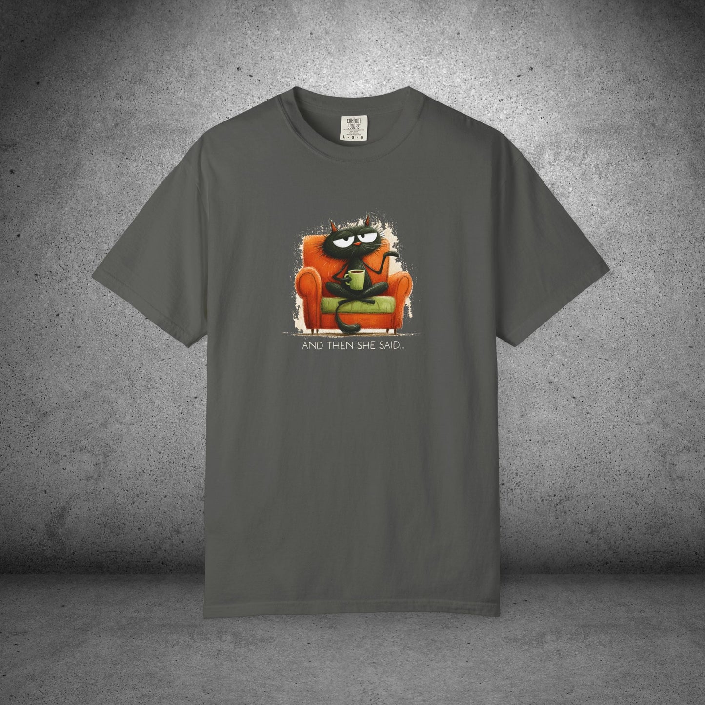 Gossip Cat Comfort Colors Tee β Funny Black Cat & Coffee Shirt - FlooredByArt