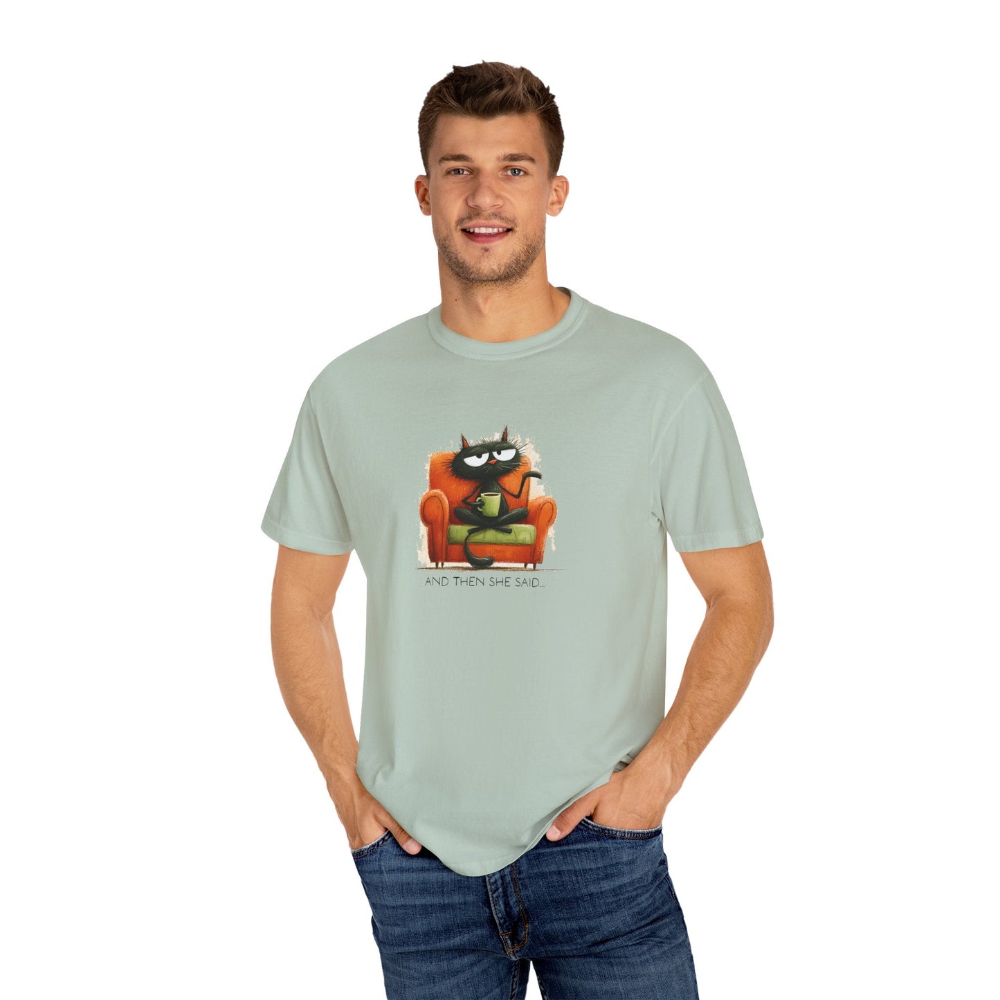 Gossip Cat Comfort Colors Tee β Funny Black Cat & Coffee Shirt - FlooredByArt