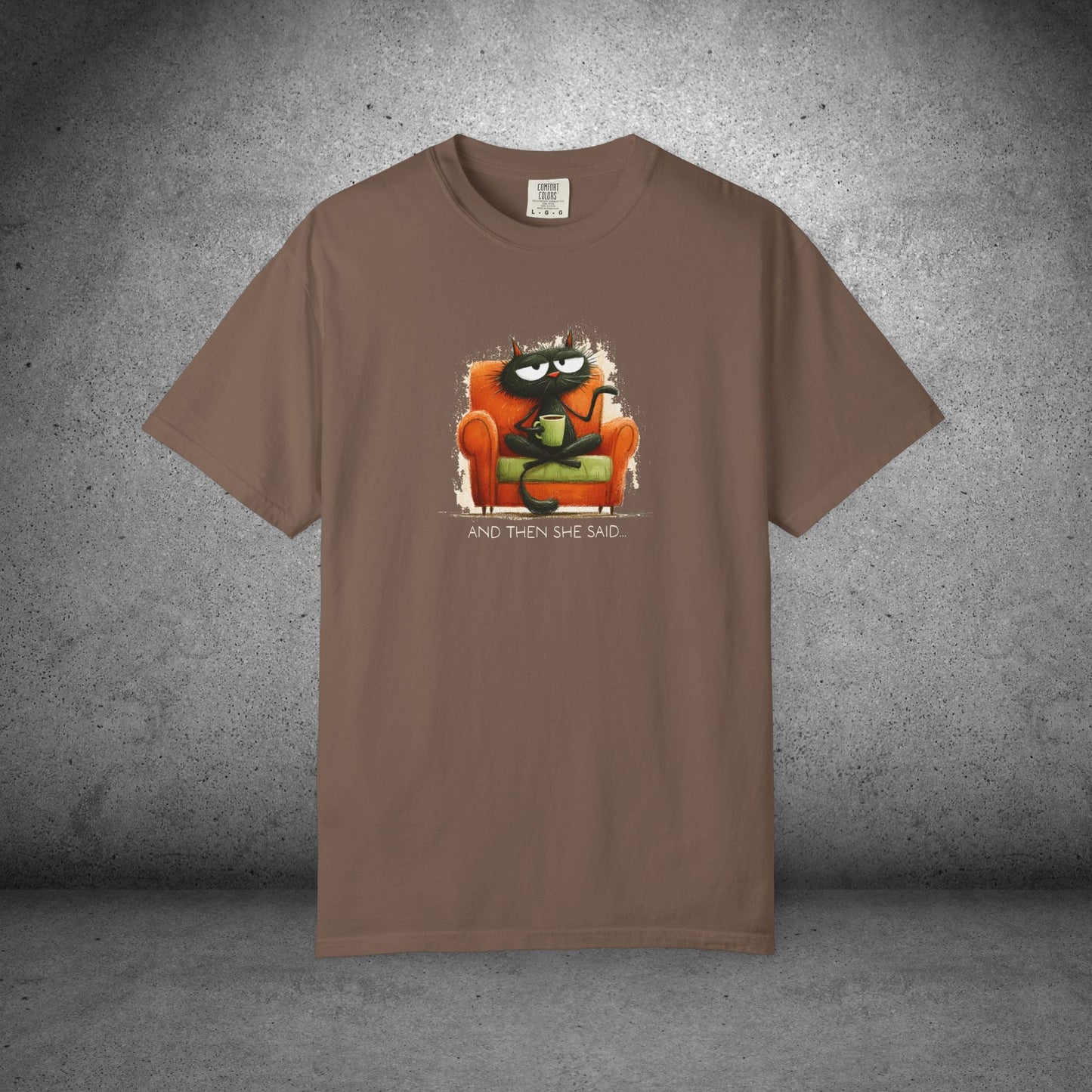 Gossip Cat Comfort Colors Tee β Funny Black Cat & Coffee Shirt - FlooredByArt