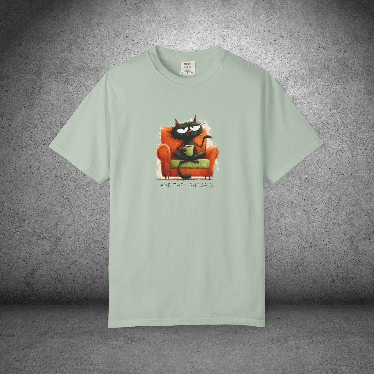 Gossip Cat Comfort Colors Tee β Funny Black Cat & Coffee Shirt - FlooredByArt
