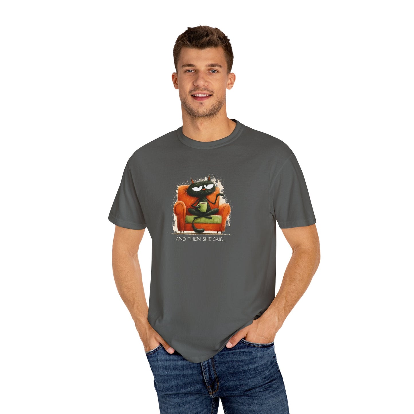 Gossip Cat Comfort Colors Tee β Funny Black Cat & Coffee Shirt - FlooredByArt