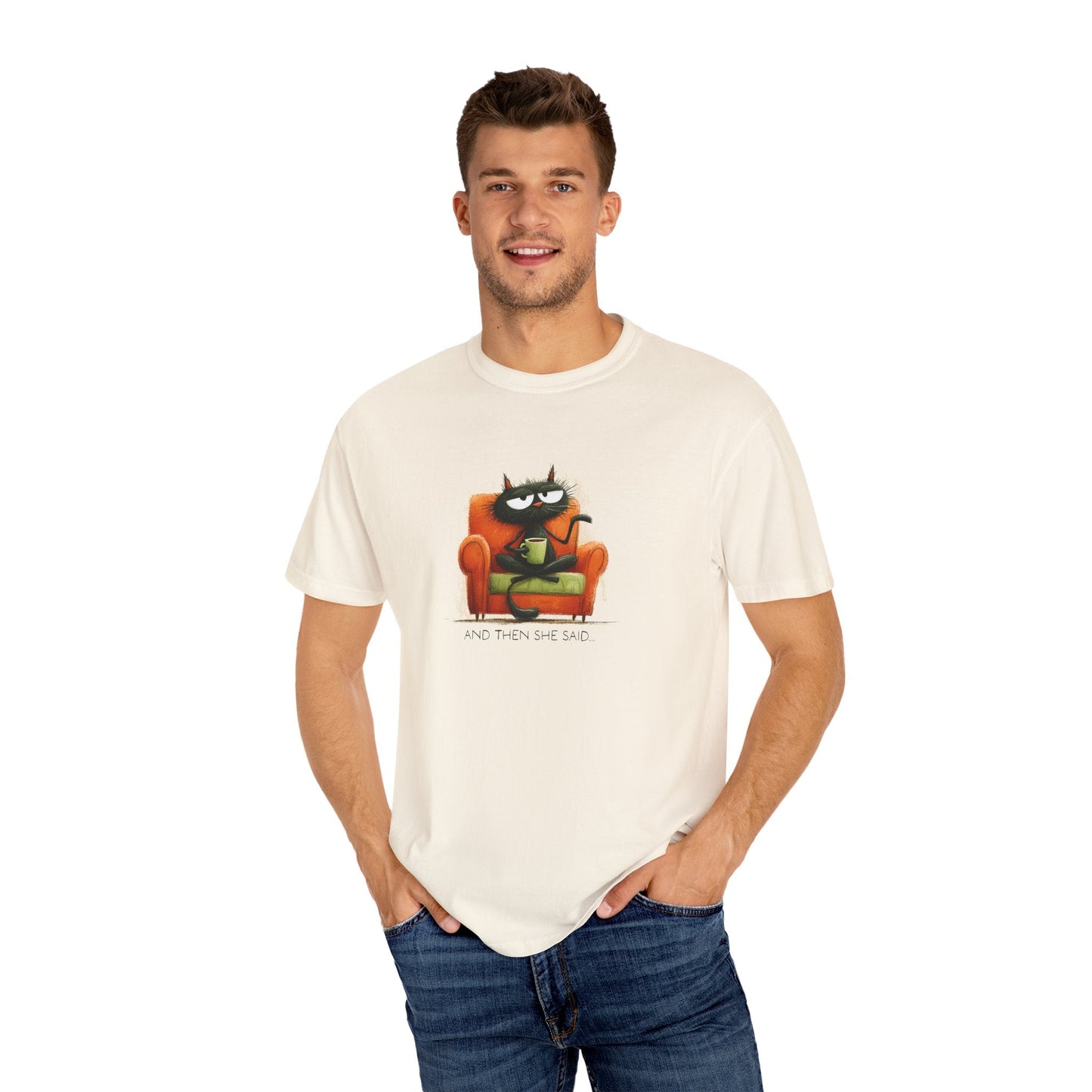 Gossip Cat Comfort Colors Tee β Funny Black Cat & Coffee Shirt - FlooredByArt