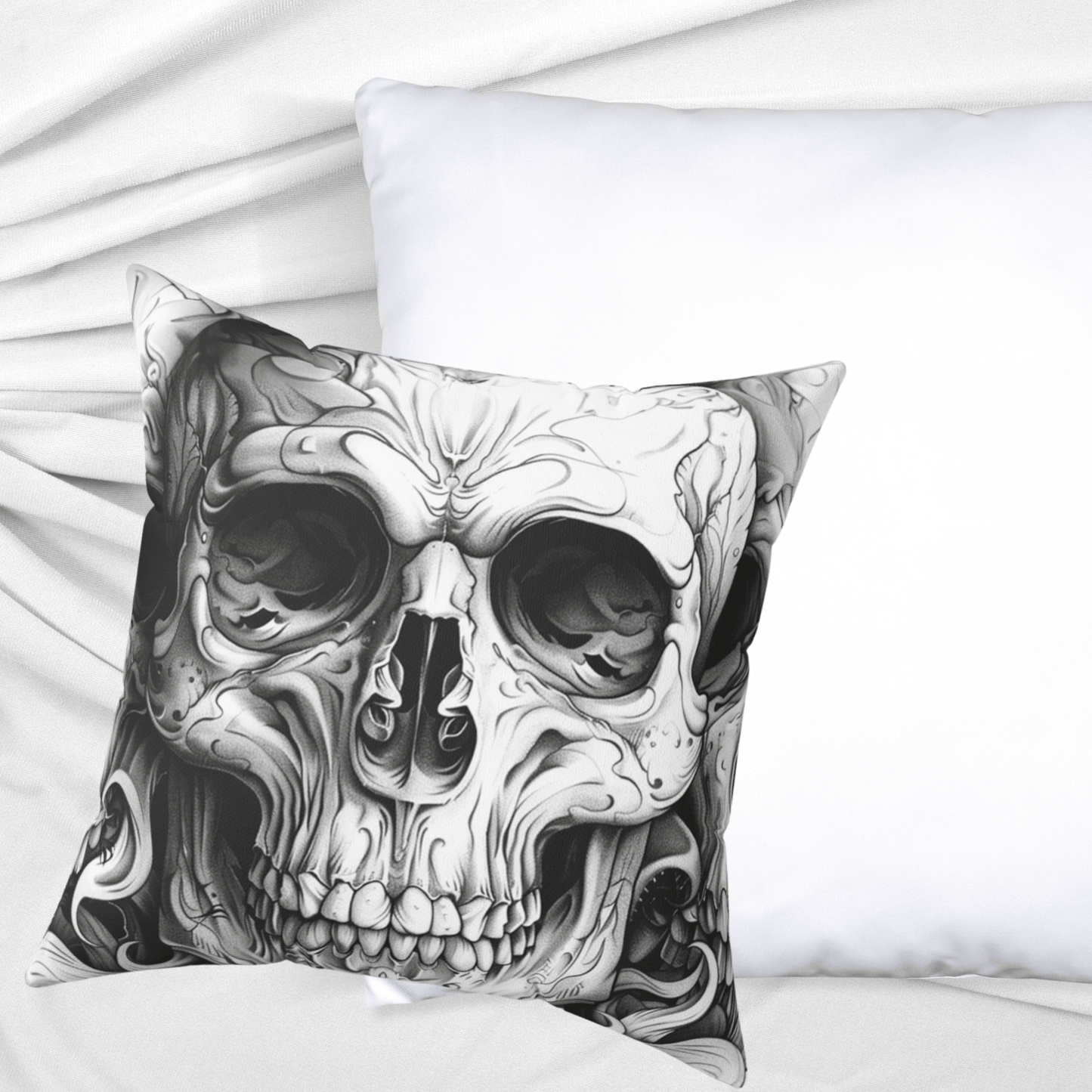 Goth Skull Throw Pillow, Dark Academia Decorative Cushion with Original Pen & Ink Art - FlooredByArt