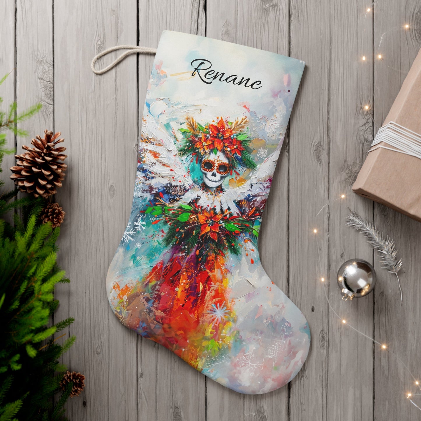 Goth Sugar Skull Angel Christmas Stocking, Unique Personalized Family Stocking Gift - FlooredByArt