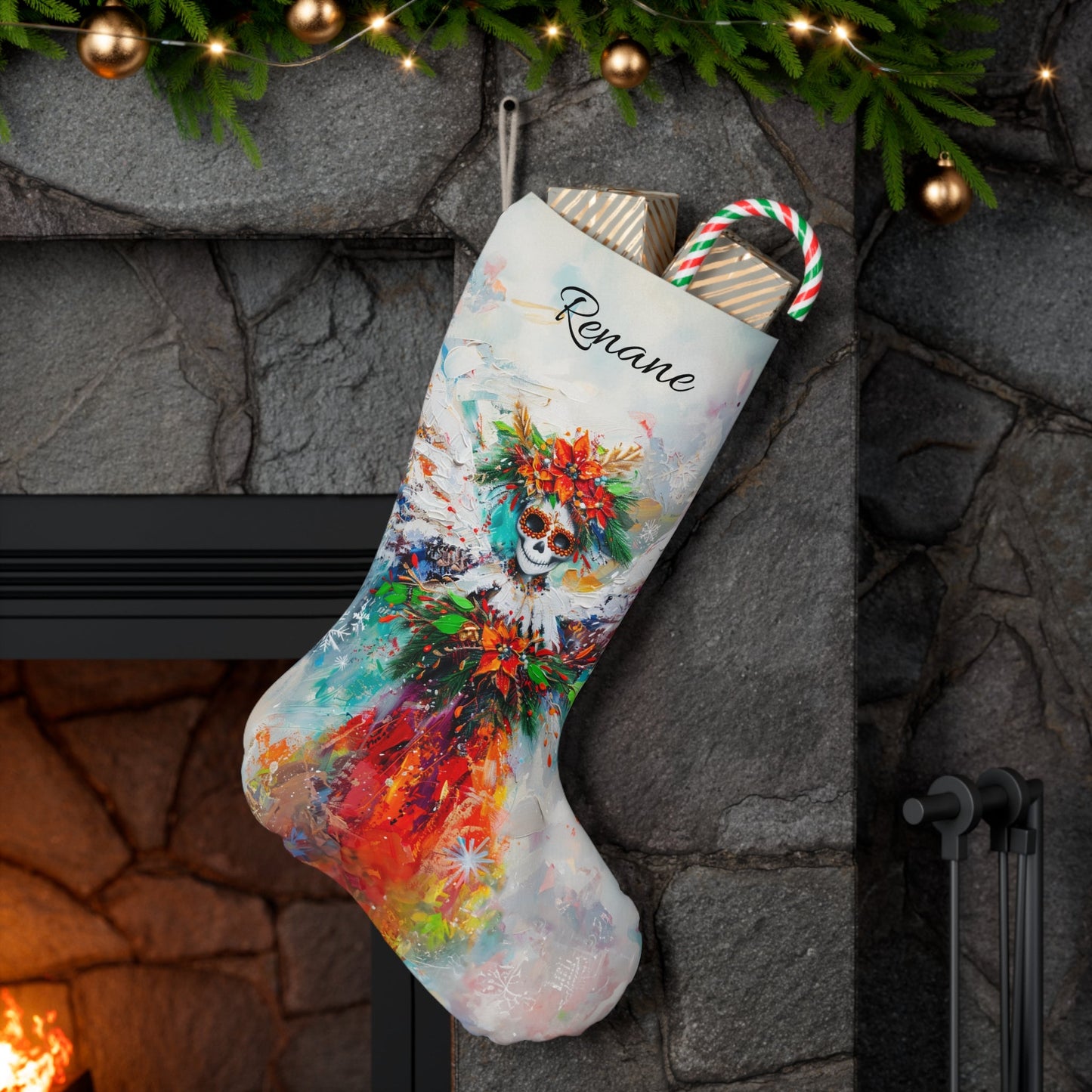 Goth Sugar Skull Angel Christmas Stocking, Unique Personalized Family Stocking Gift - FlooredByArt