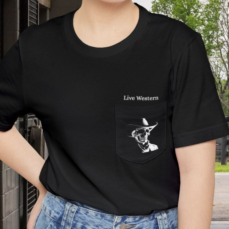 Gothic Cowboy Skeleton Pocket T-Shirt - Dark Western Skull T-Shirt, Live Western Cowboy Tee - FlooredByArt