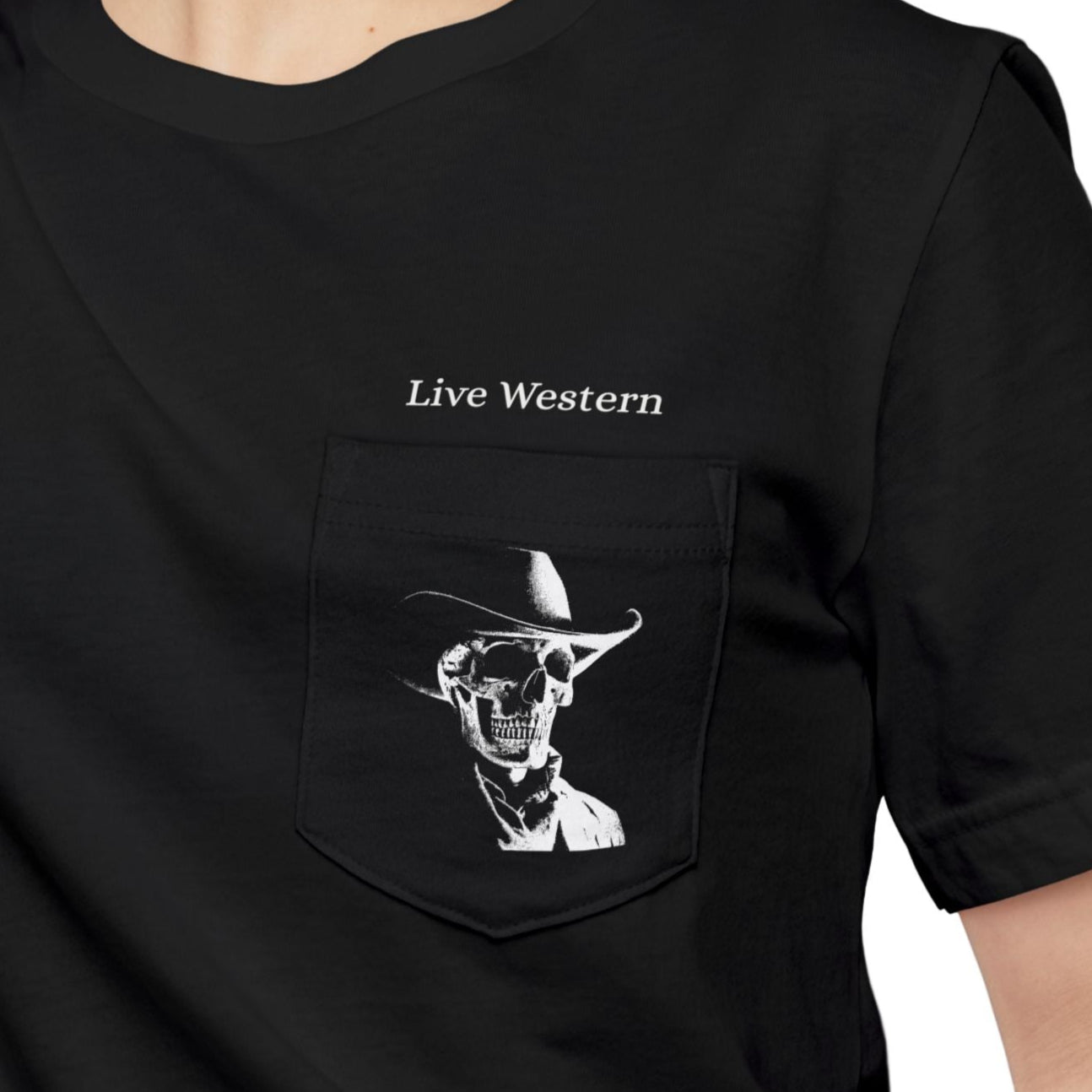 Gothic Cowboy Skeleton Pocket T-Shirt - Dark Western Skull T-Shirt, Live Western Cowboy Tee - FlooredByArt