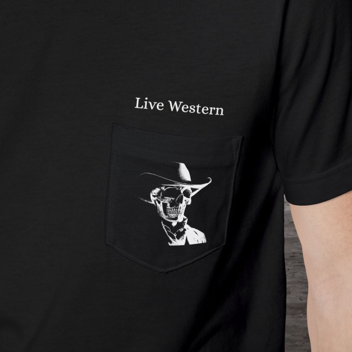 Gothic Cowboy Skeleton Pocket T-Shirt - Dark Western Skull T-Shirt, Live Western Cowboy Tee - FlooredByArt