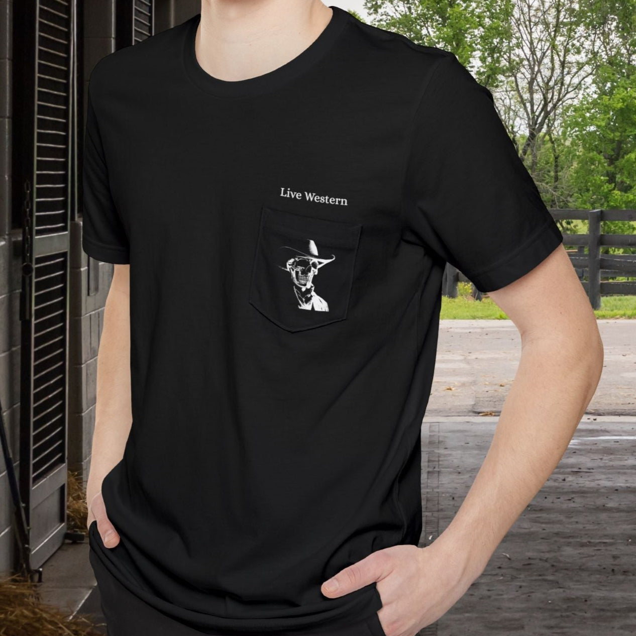 Gothic Cowboy Skeleton Pocket T-Shirt - Dark Western Skull T-Shirt, Live Western Cowboy Tee - FlooredByArt
