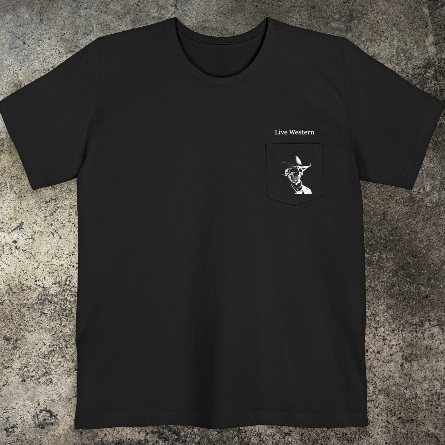 Gothic Cowboy Skeleton Pocket T-Shirt - Dark Western Skull T-Shirt, Live Western Cowboy Tee - FlooredByArt