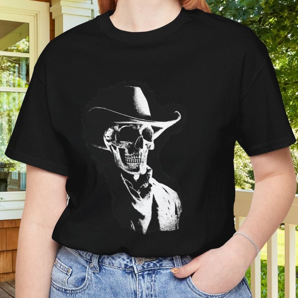 Gothic Cowboy Skeleton T-Shirt β Dark Western Skull Shirt, Ghost Rider Western - FlooredByArt