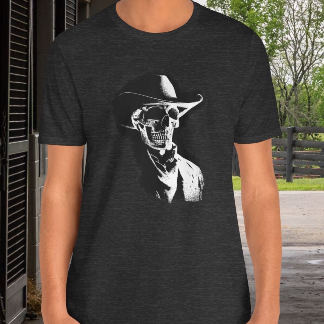 Gothic Cowboy Skeleton T-Shirt β Dark Western Skull Shirt, Ghost Rider Western - FlooredByArt