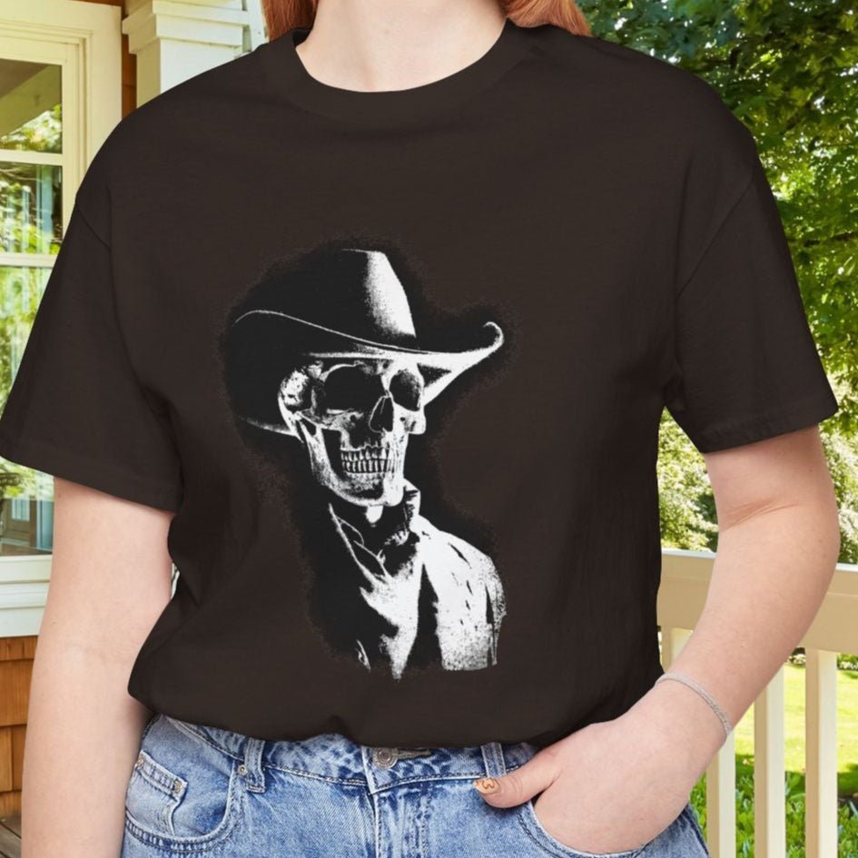 Gothic Cowboy Skeleton T-Shirt β Dark Western Skull Shirt, Ghost Rider Western - FlooredByArt