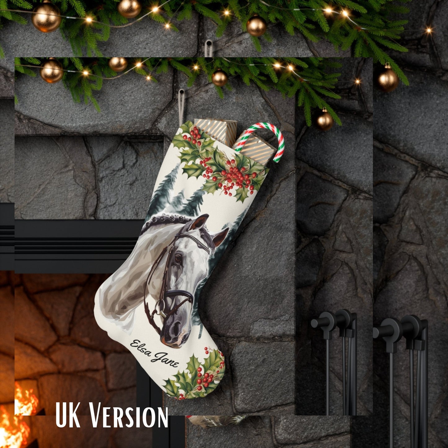 Gray Horse Christmas Stocking, Early Family Gift for Horse Lover - FlooredByArt