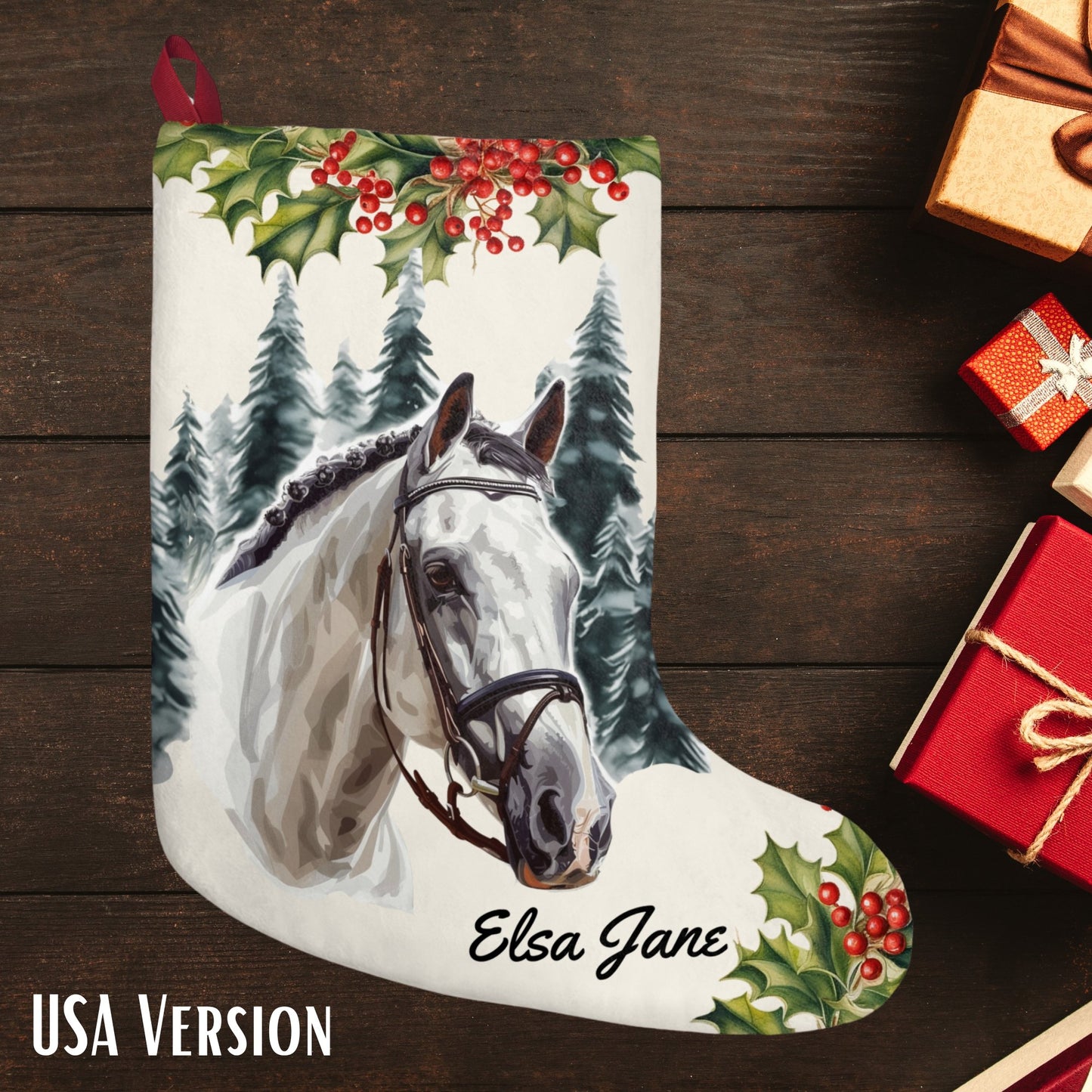 Gray Horse Christmas Stocking, Early Family Gift for Horse Lover - FlooredByArt