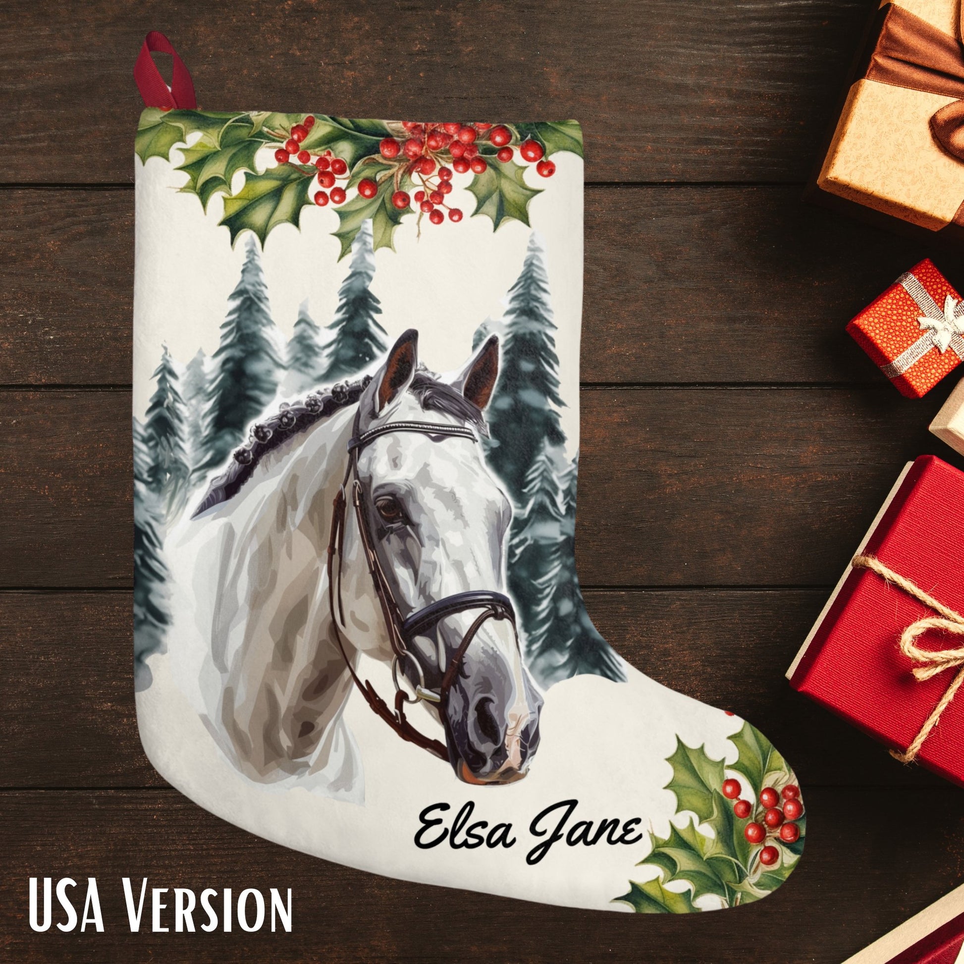 Gray Horse Christmas Stocking, Early Family Gift for Horse Lover - FlooredByArt