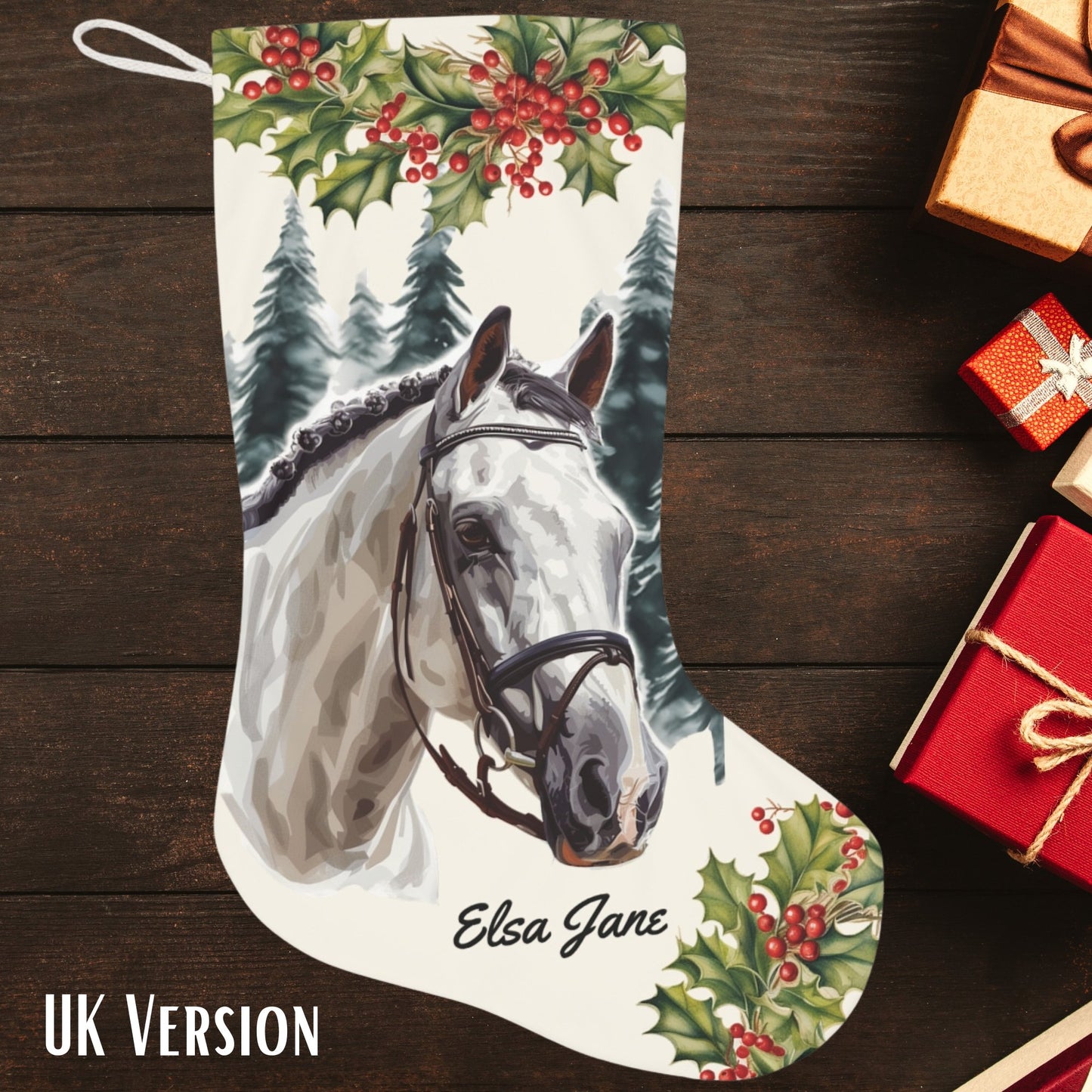 Gray Horse Christmas Stocking, Early Family Gift for Horse Lover - FlooredByArt