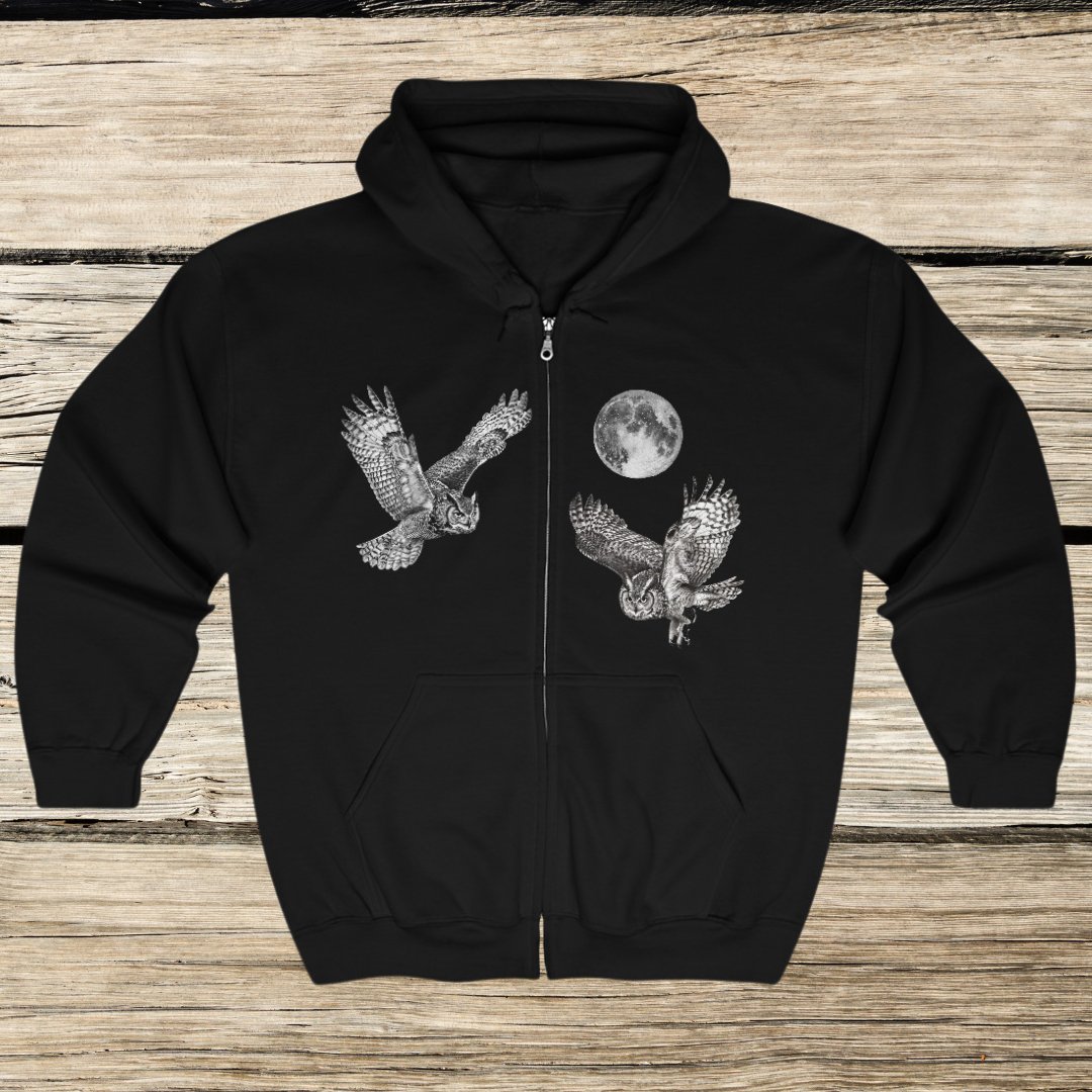 Great Horned Owls Jacket, Full Zip Hoodie, Night Flying Owls Camping Sweater - FlooredByArt