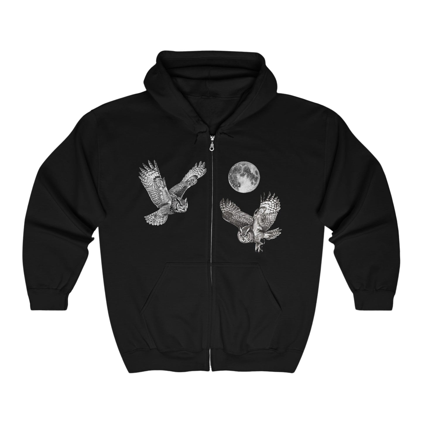 Great Horned Owls Jacket, Full Zip Hoodie, Night Flying Owls Camping Sweater - FlooredByArt