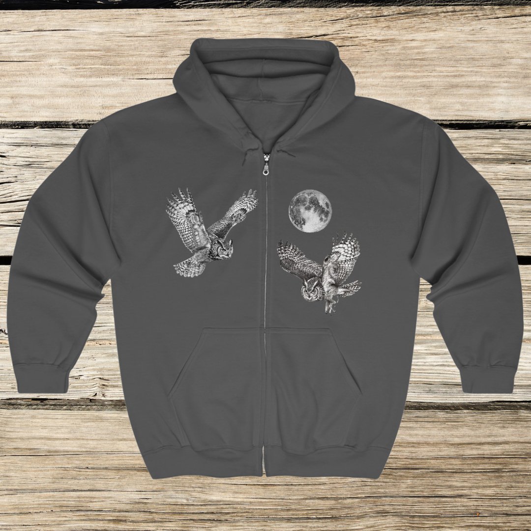 Great Horned Owls Jacket, Full Zip Hoodie, Night Flying Owls Camping Sweater - FlooredByArt