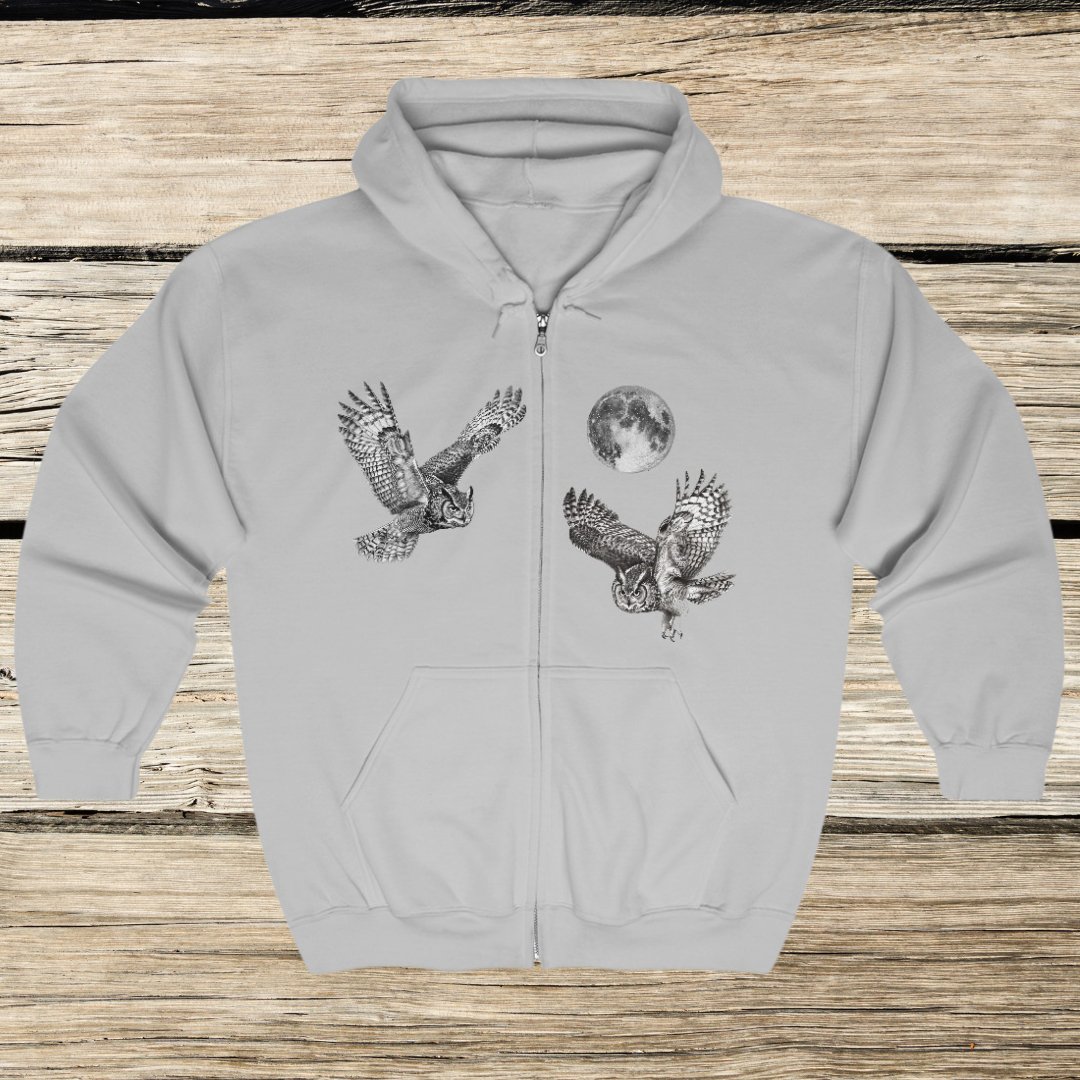 Great Horned Owls Jacket, Full Zip Hoodie, Night Flying Owls Camping Sweater - FlooredByArt