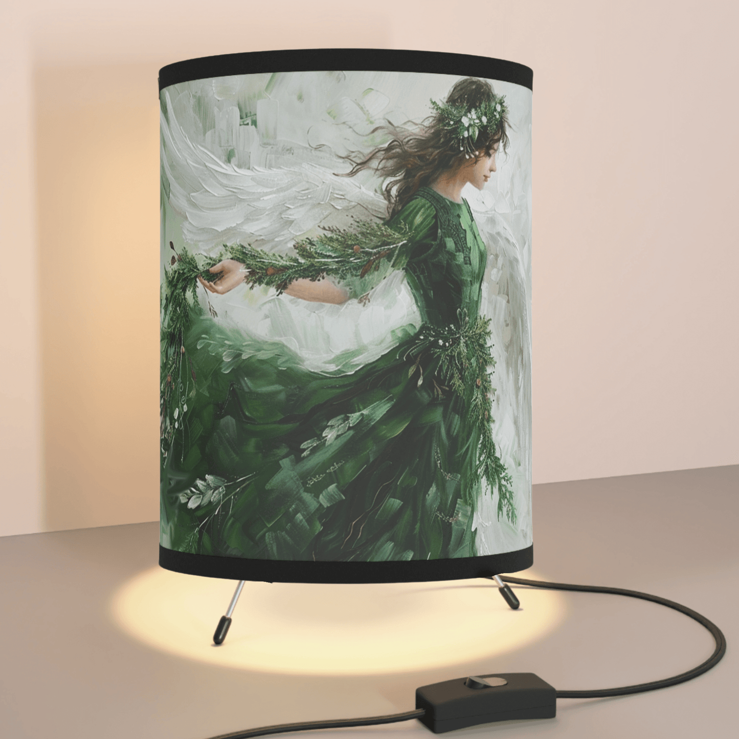 Green Angel Tripod Lamp, Unique Design Watercolor Printed Shade - FlooredByArt