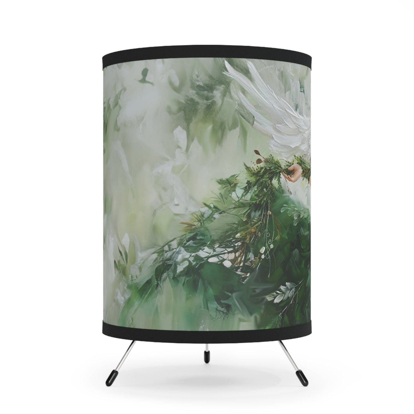 Green Angel Tripod Lamp, Unique Design Watercolor Printed Shade - FlooredByArt