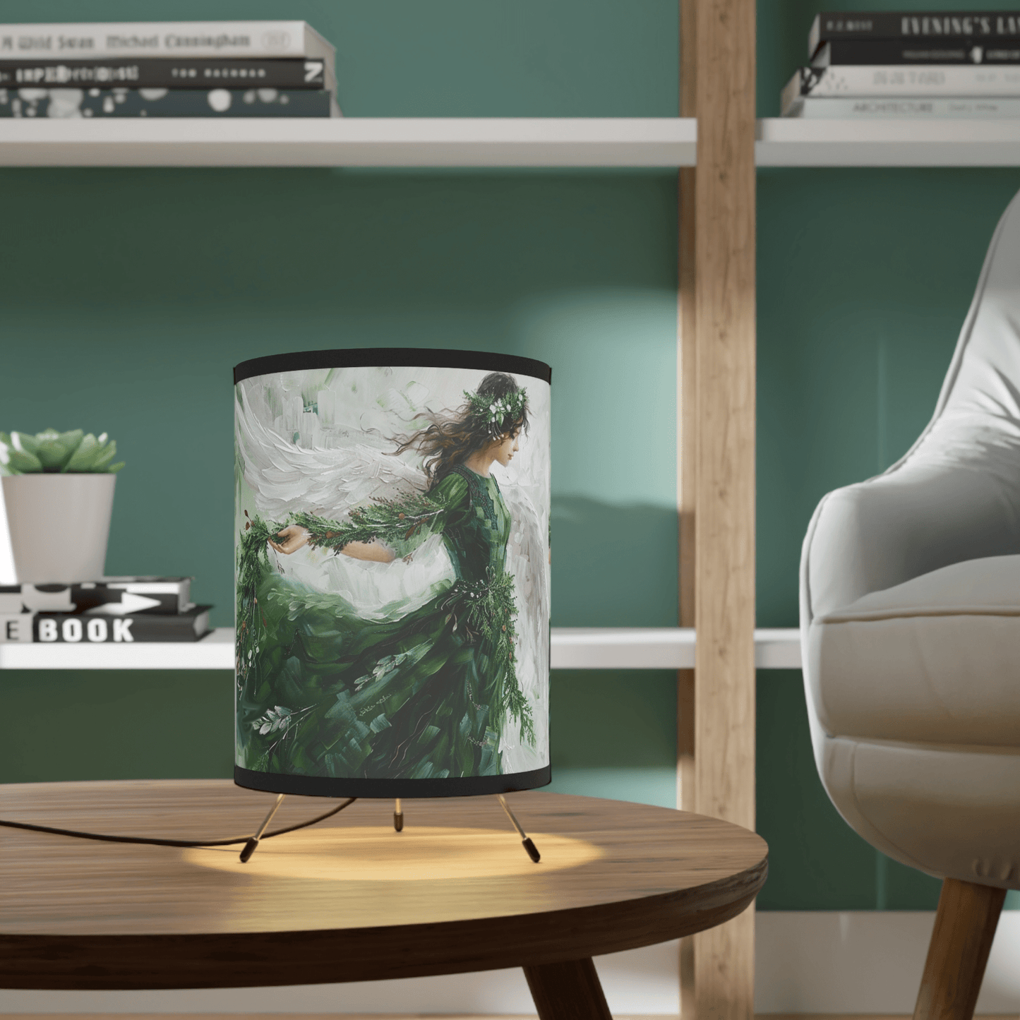 Green Angel Tripod Lamp, Unique Design Watercolor Printed Shade - FlooredByArt