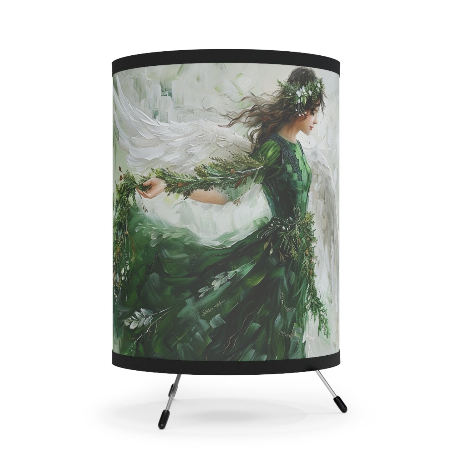 Green Angel Tripod Lamp, Unique Design Watercolor Printed Shade - FlooredByArt