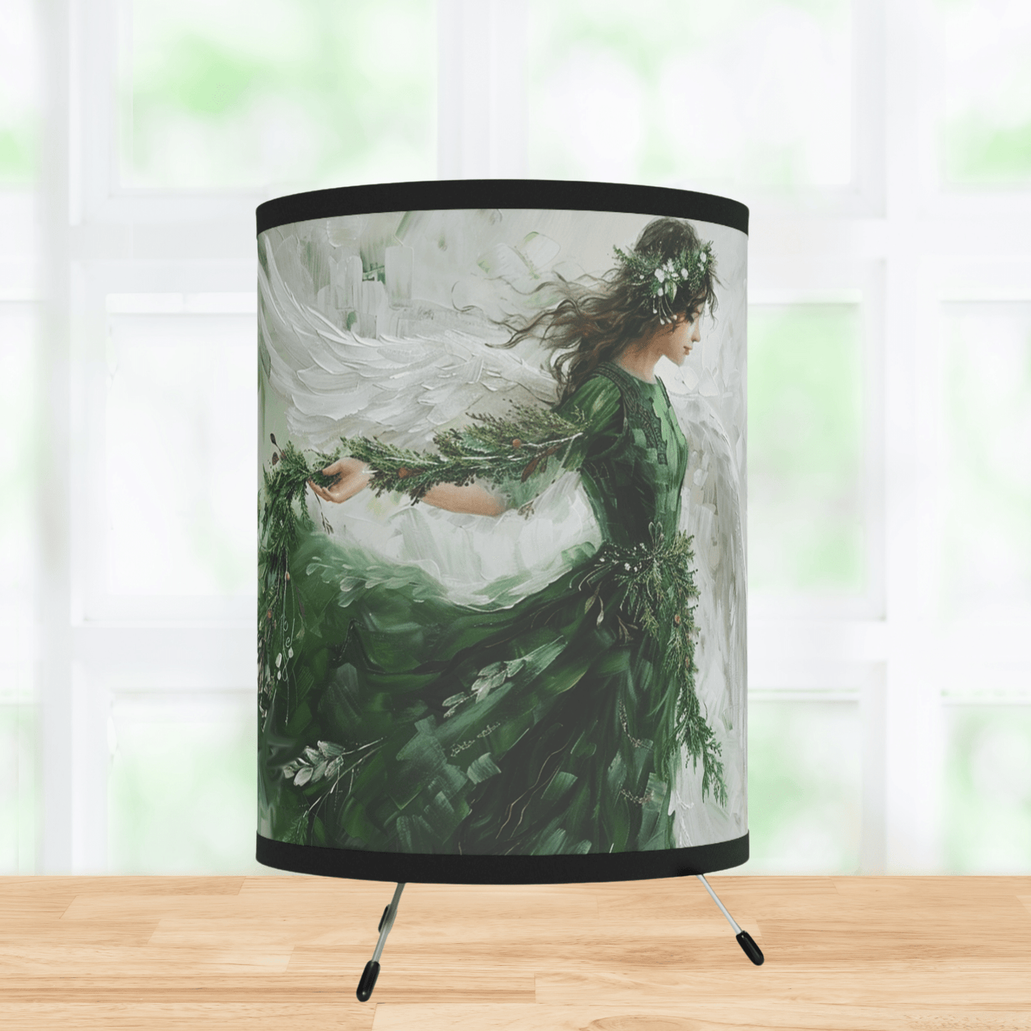 Green Angel Tripod Lamp, Unique Design Watercolor Printed Shade - FlooredByArt