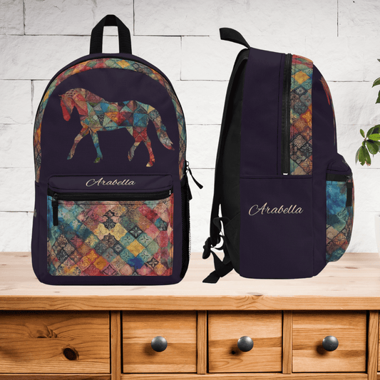 Horse Backpack, Personalized Calico Rustic Style Horse, Equestrian Theme Bookbag - FlooredByArt