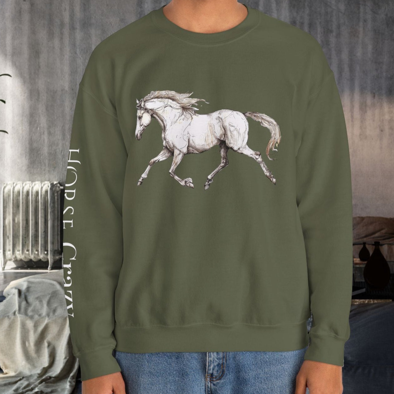 Horse Crazy Crewneck Sweatshirt - Horse Lover Sweater for Women or Men - FlooredByArt