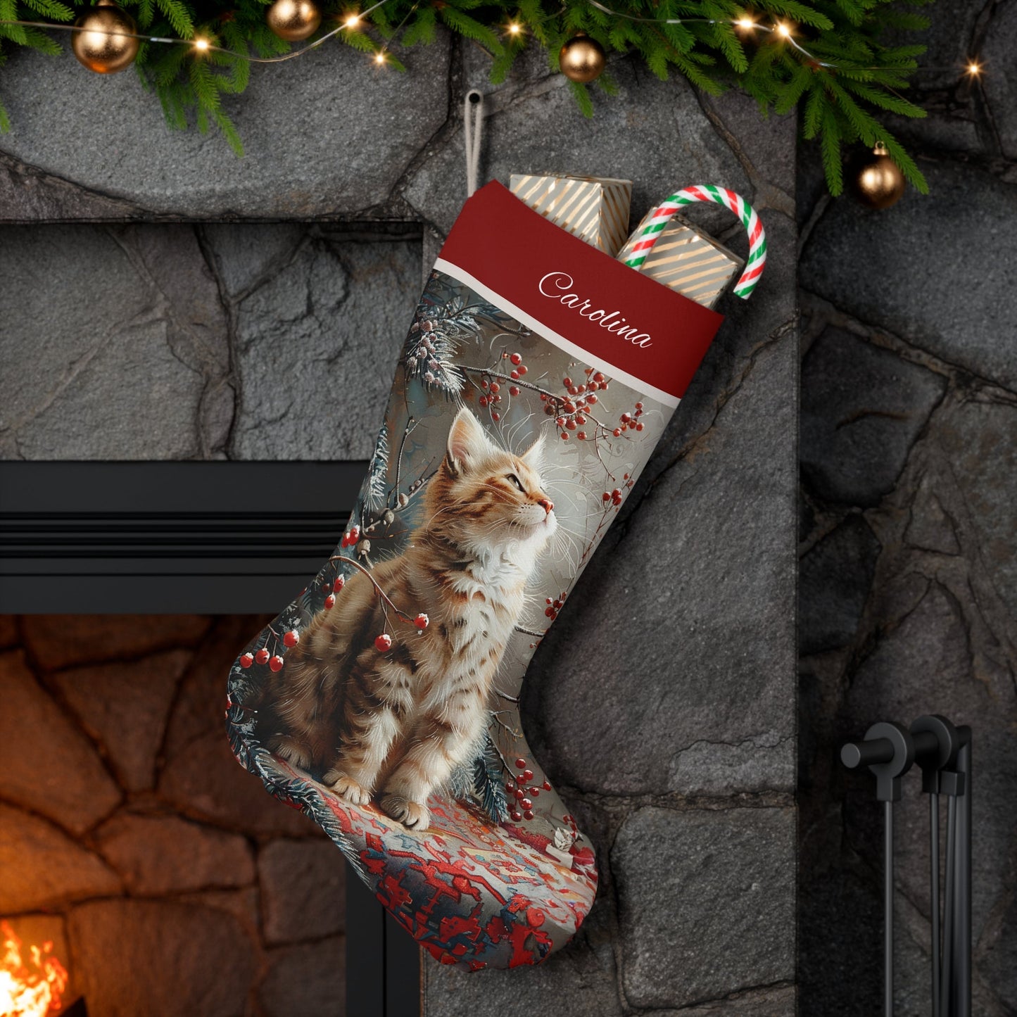 Kitten Cat Christmas Stocking, Tabby Kitten Stocking, Personalized Cat Art Stockings - FlooredByArt