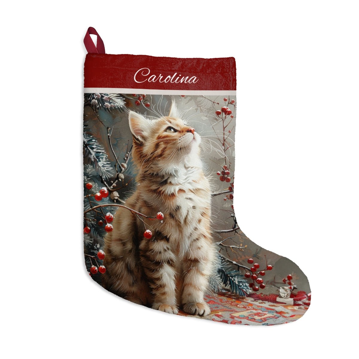 Kitten Cat Christmas Stocking, Tabby Kitten Stocking, Personalized Cat Art Stockings - FlooredByArt