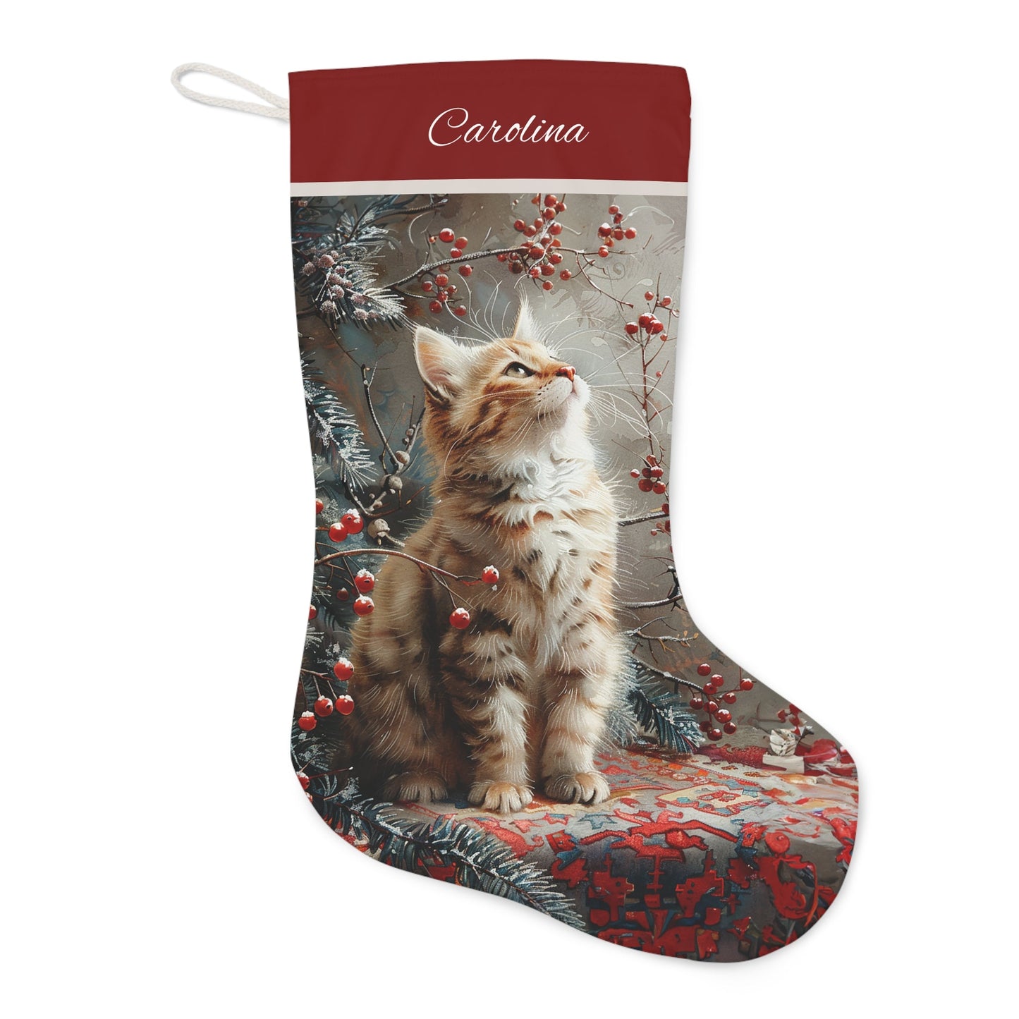 Kitten Cat Christmas Stocking, Tabby Kitten Stocking, Personalized Cat Art Stockings, Customized Unique Holiday Decoration, Keepsake Art - FlooredByArt
