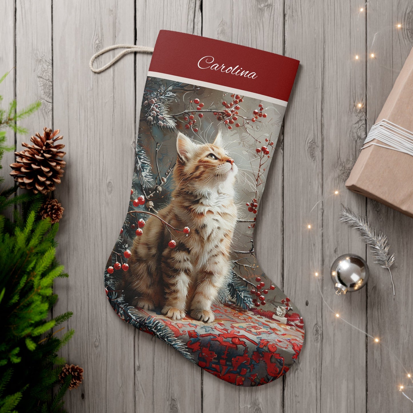 Kitten Cat Christmas Stocking, Tabby Kitten Stocking, Personalized Cat Art Stockings, Customized Unique Holiday Decoration, Keepsake Art - FlooredByArt