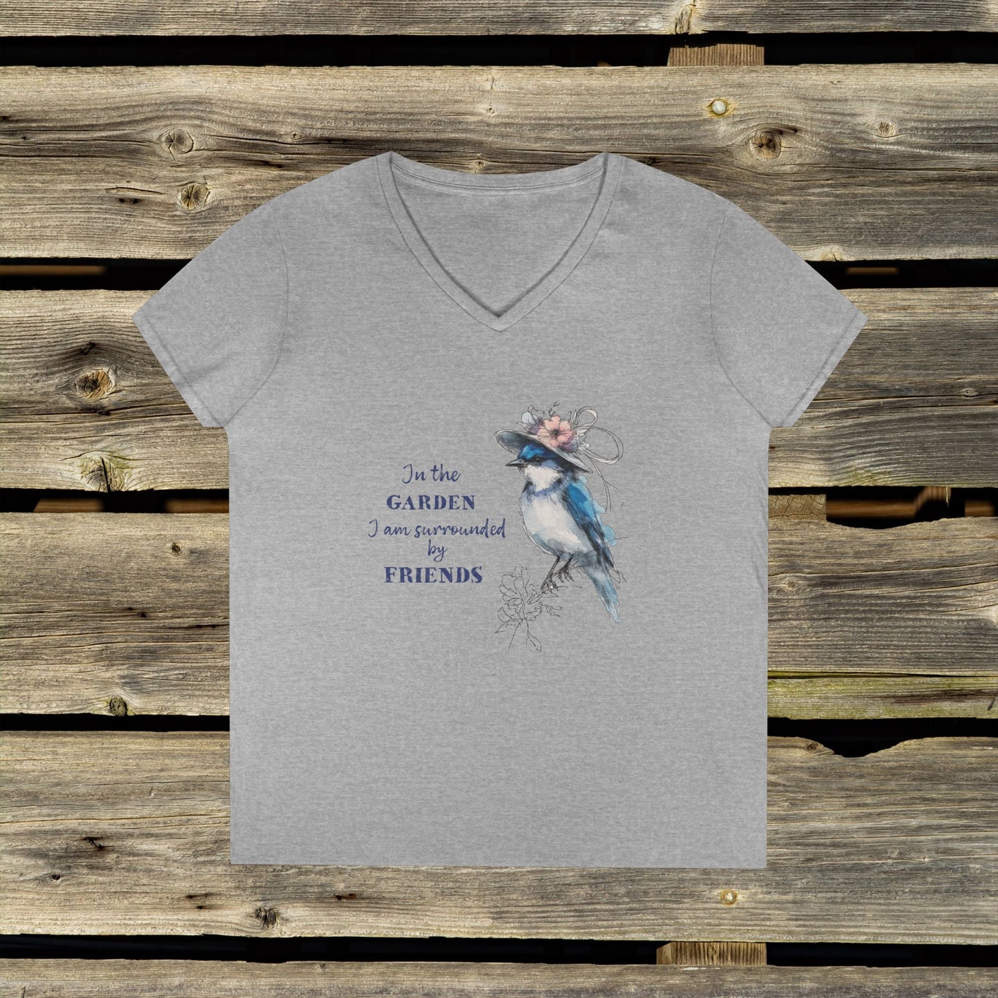 Ladies' V - Neck Bluebird T-Shirt | Nature - Inspired Comfort, Perfect for Garden Lovers - FlooredByArt
