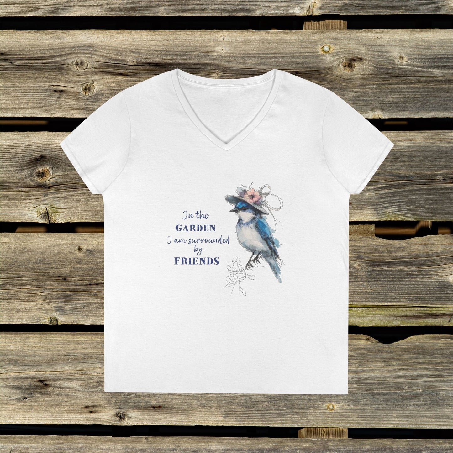 Ladies' V - Neck Bluebird T-Shirt | Nature - Inspired Comfort, Perfect for Garden Lovers - FlooredByArt