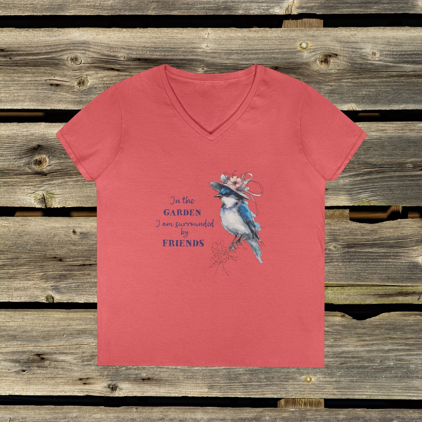 Ladies' V - Neck Bluebird T-Shirt | Nature - Inspired Comfort, Perfect for Garden Lovers - FlooredByArt