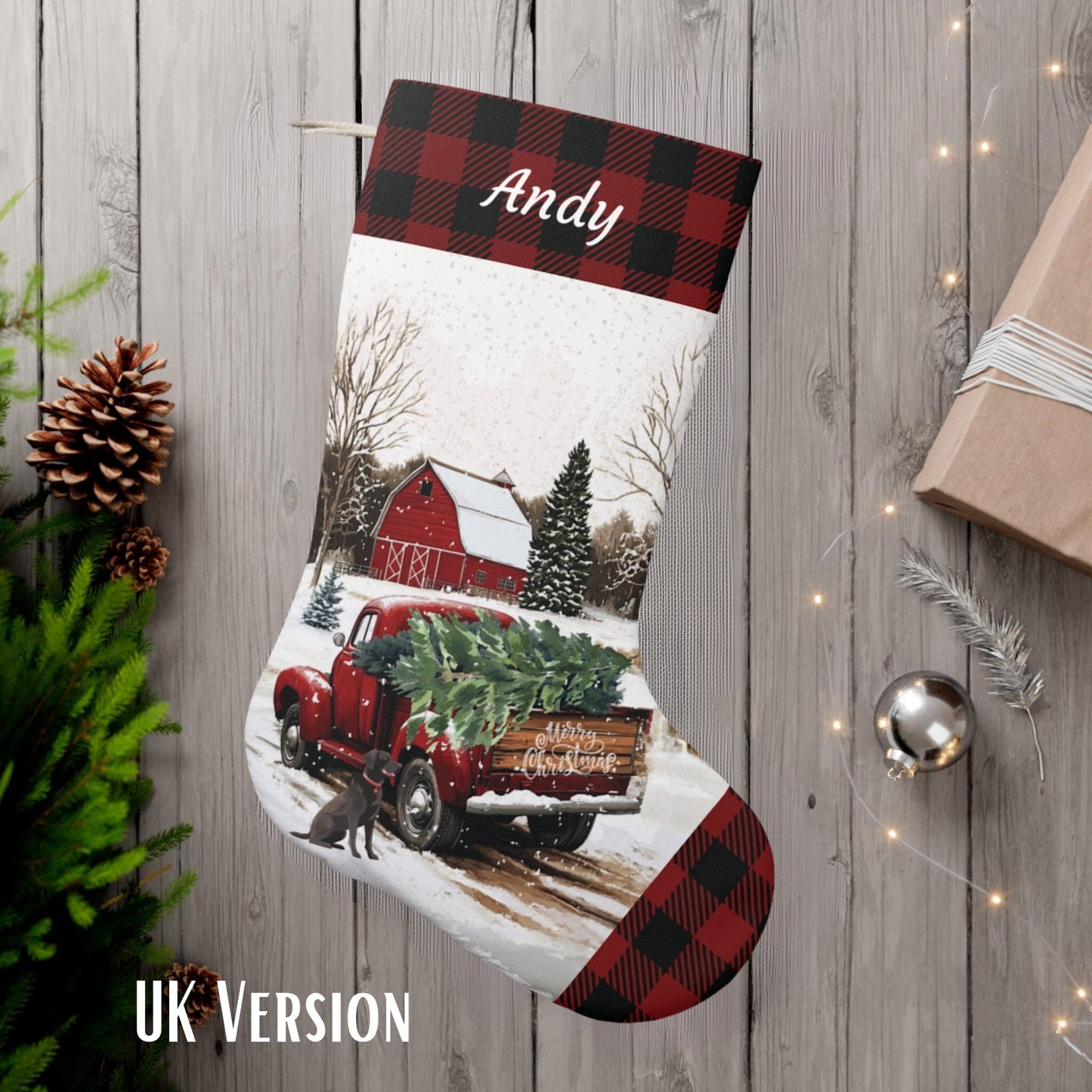 Large Christmas Red Truck Stocking 2024 Design, Vintage Farmhouse - FlooredByArt